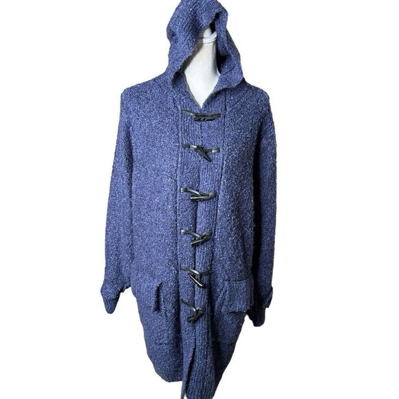 Gretchen Scott Boucle Stadium Coat Blue Pockets Hood Toggle Buttons Size Large - Picture 1 of 8